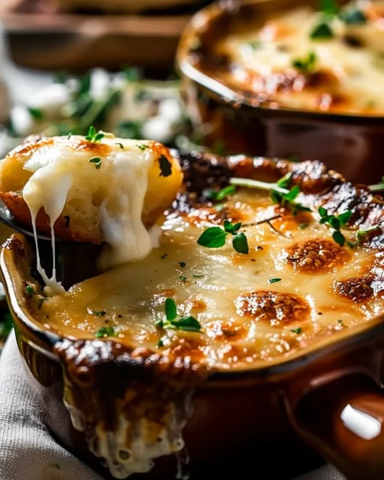 Bowl of delicious French onion soup topped with melted cheese and croutons.