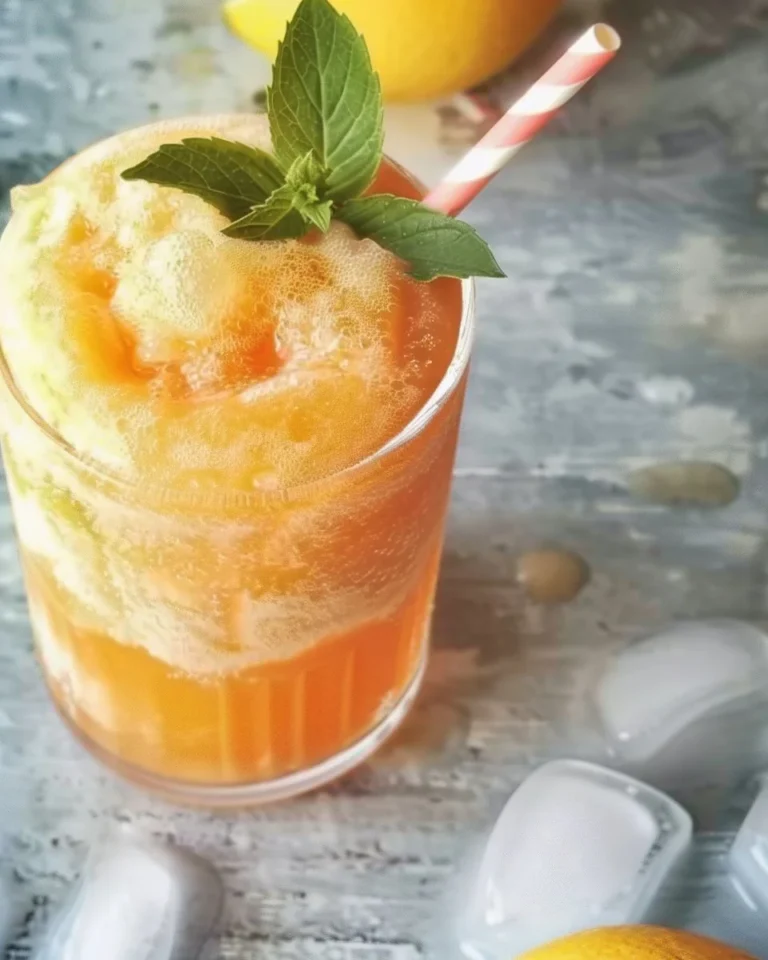 Delicious glass of frozen peach lemonade served with fresh peaches