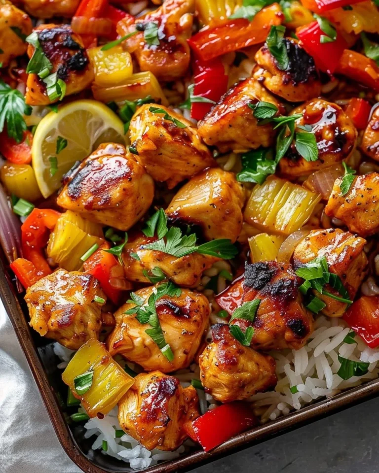 Delicious Hawaiian Chicken Sheet Pan ready to serve with vibrant vegetables