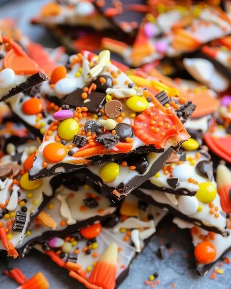 Colorful holiday candy bark decorated with festive toppings.