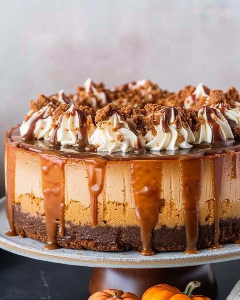 Homemade pumpkin caramel cheesecake topped with caramel drizzle