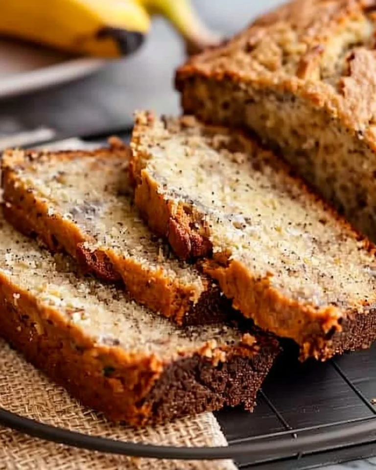 Slice of moist banana bread on a rustic wooden table