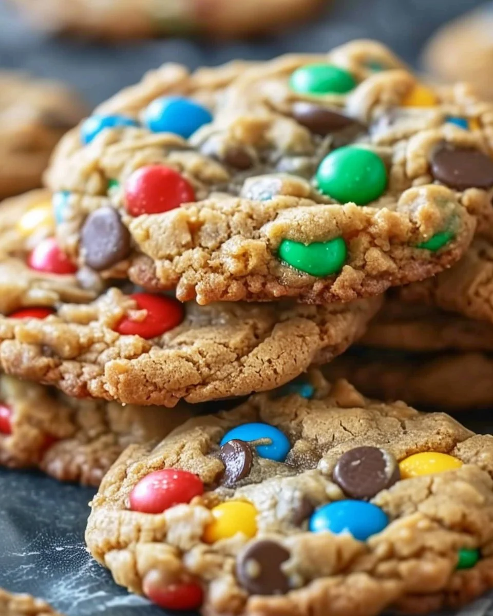 Baking Monster Cookies with oats, chocolate chips, and colorful M&Ms