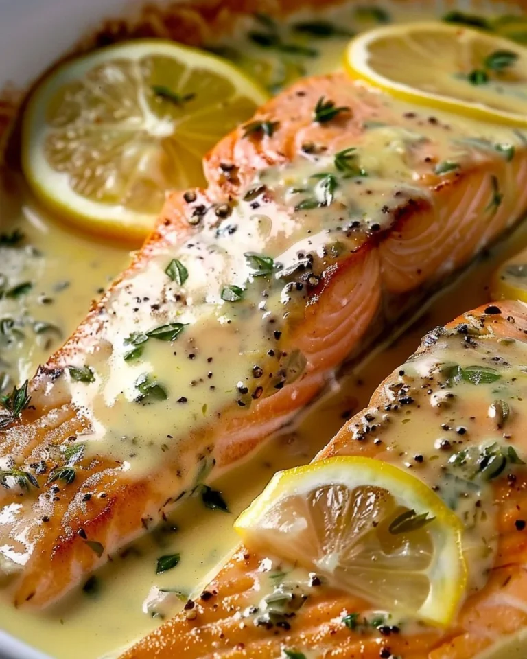 Delicious oven-baked salmon served with lemon butter cream sauce