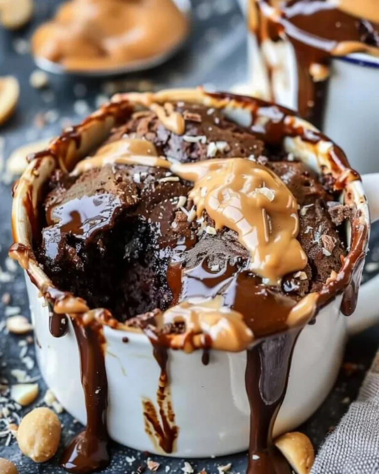 Delicious Protein Chocolate Peanut Butter Mug Cake topped with chocolate and peanut butter.