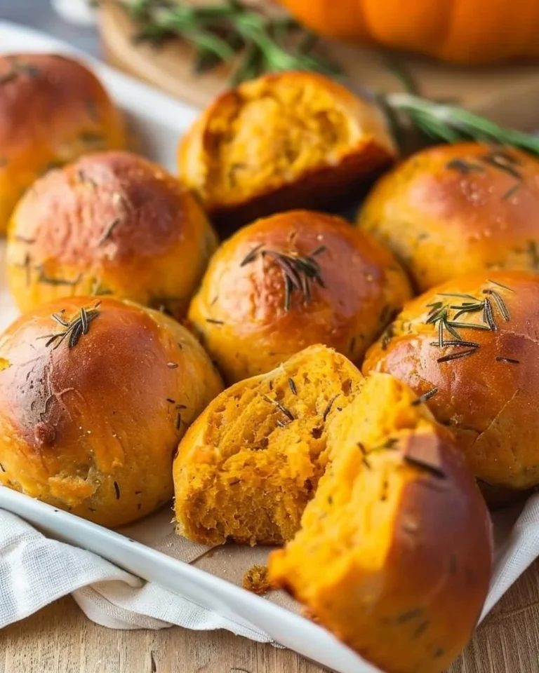 Basket of rosemary pumpkin dinner rolls, freshly baked and golden brown.