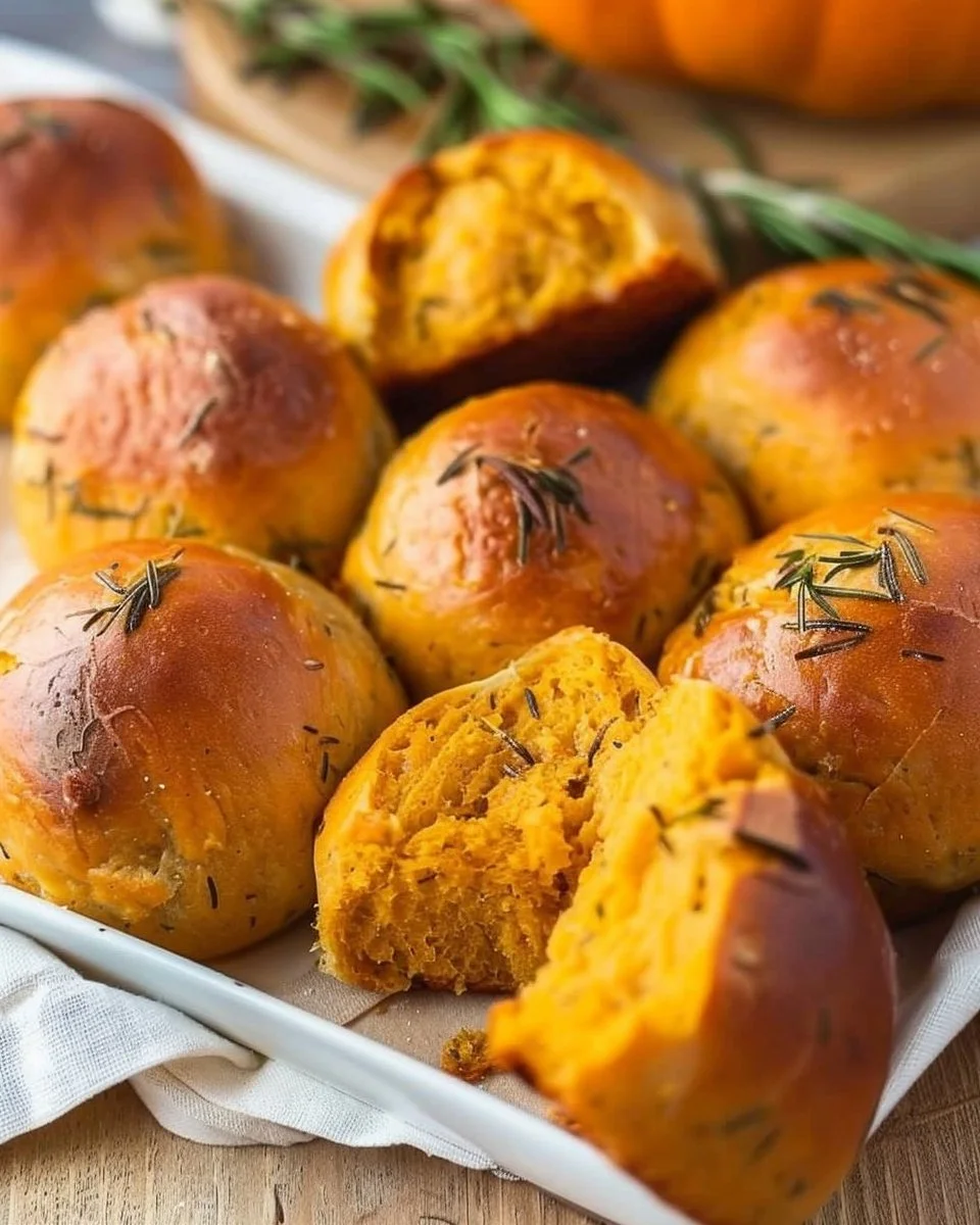 Basket of rosemary pumpkin dinner rolls, freshly baked and golden brown.