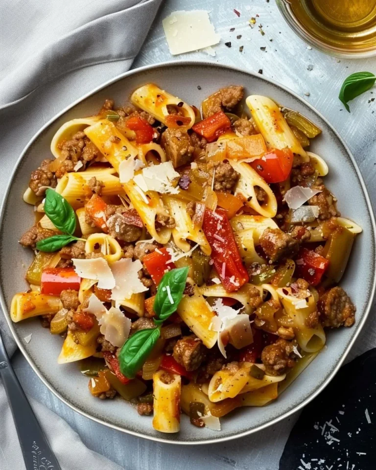Delicious sausage and peppers pasta dish served on a plate