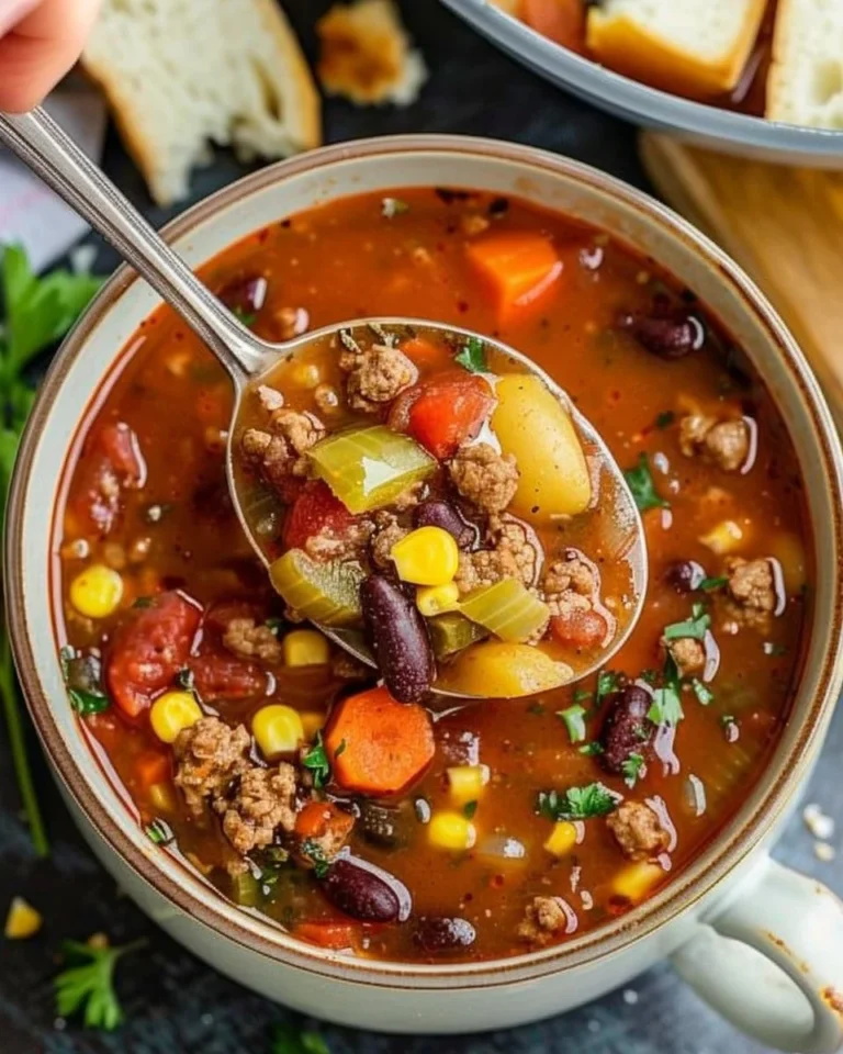 A bowl of slow cooker cowboy soup with veggies and beef.