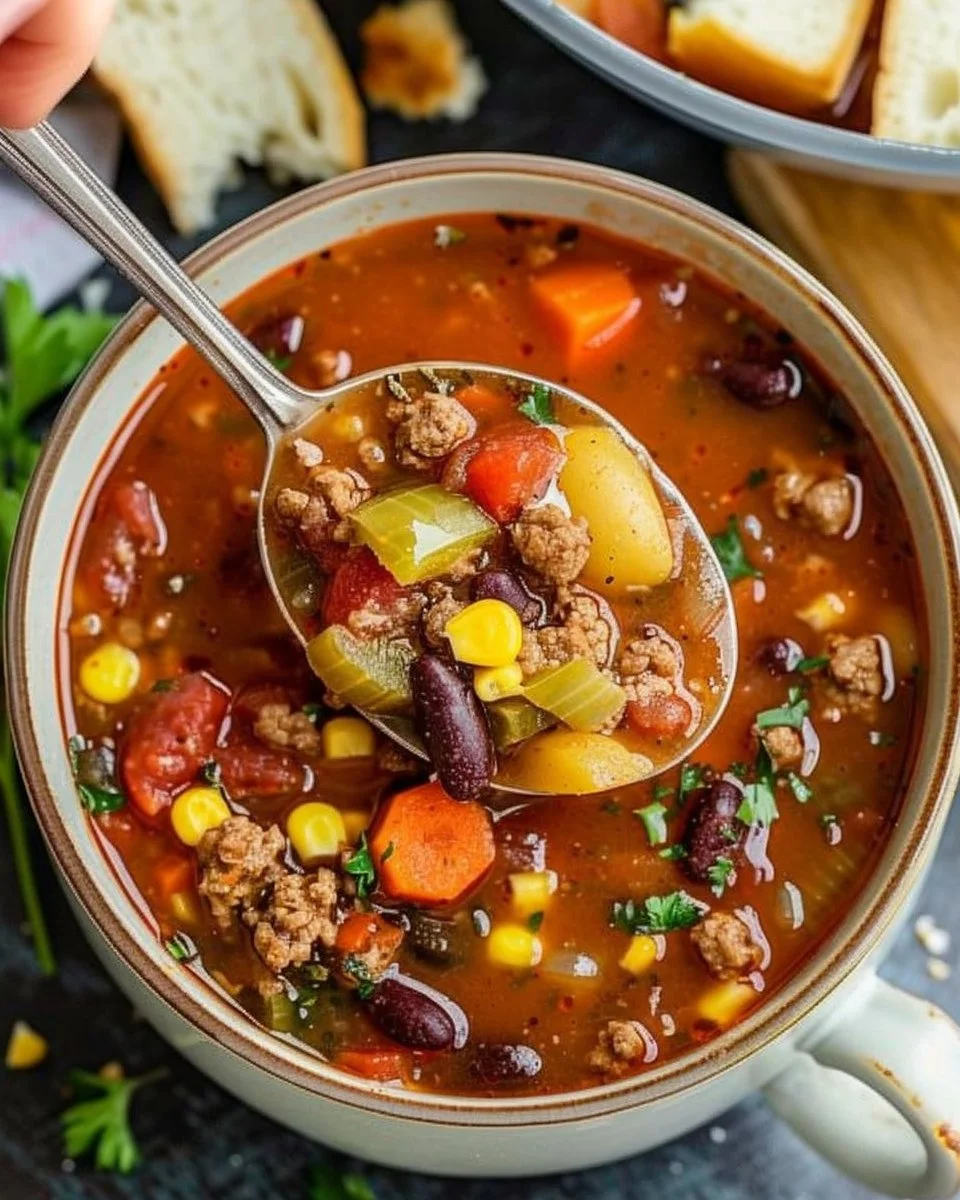A bowl of slow cooker cowboy soup with veggies and beef.