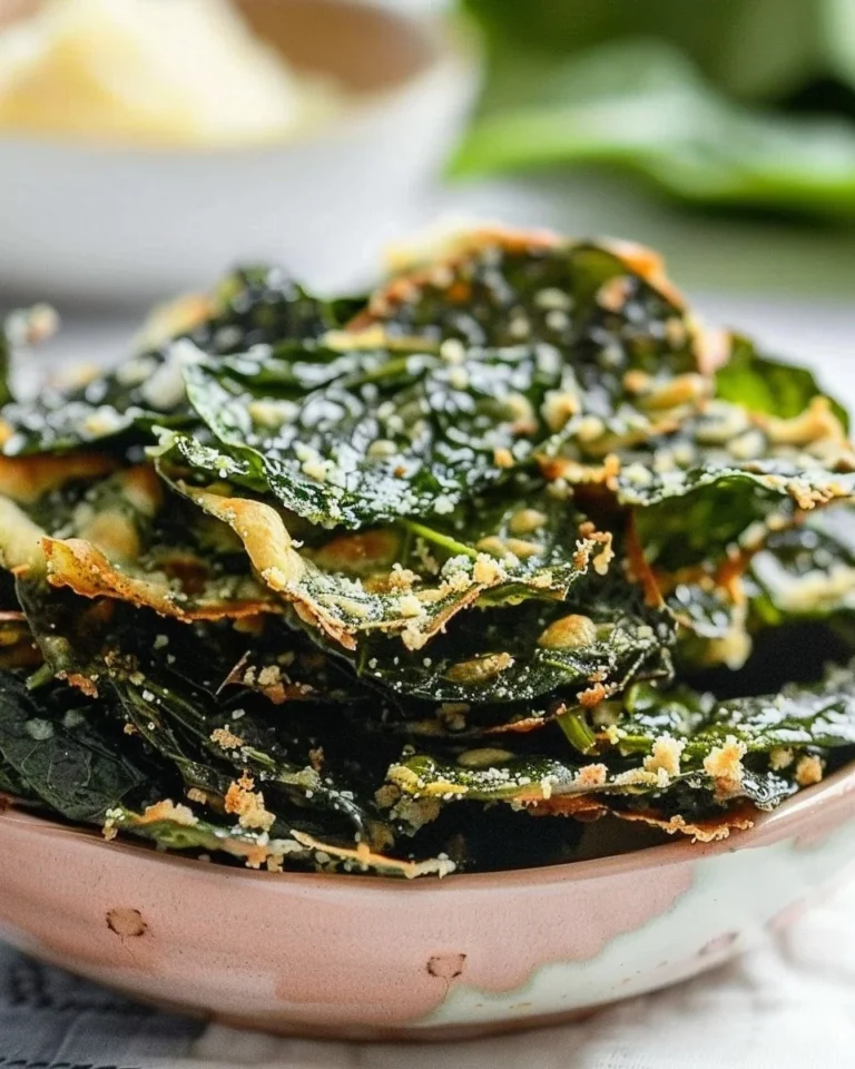 Homemade spinach chips baked with Parmesan cheese for a healthy snack.