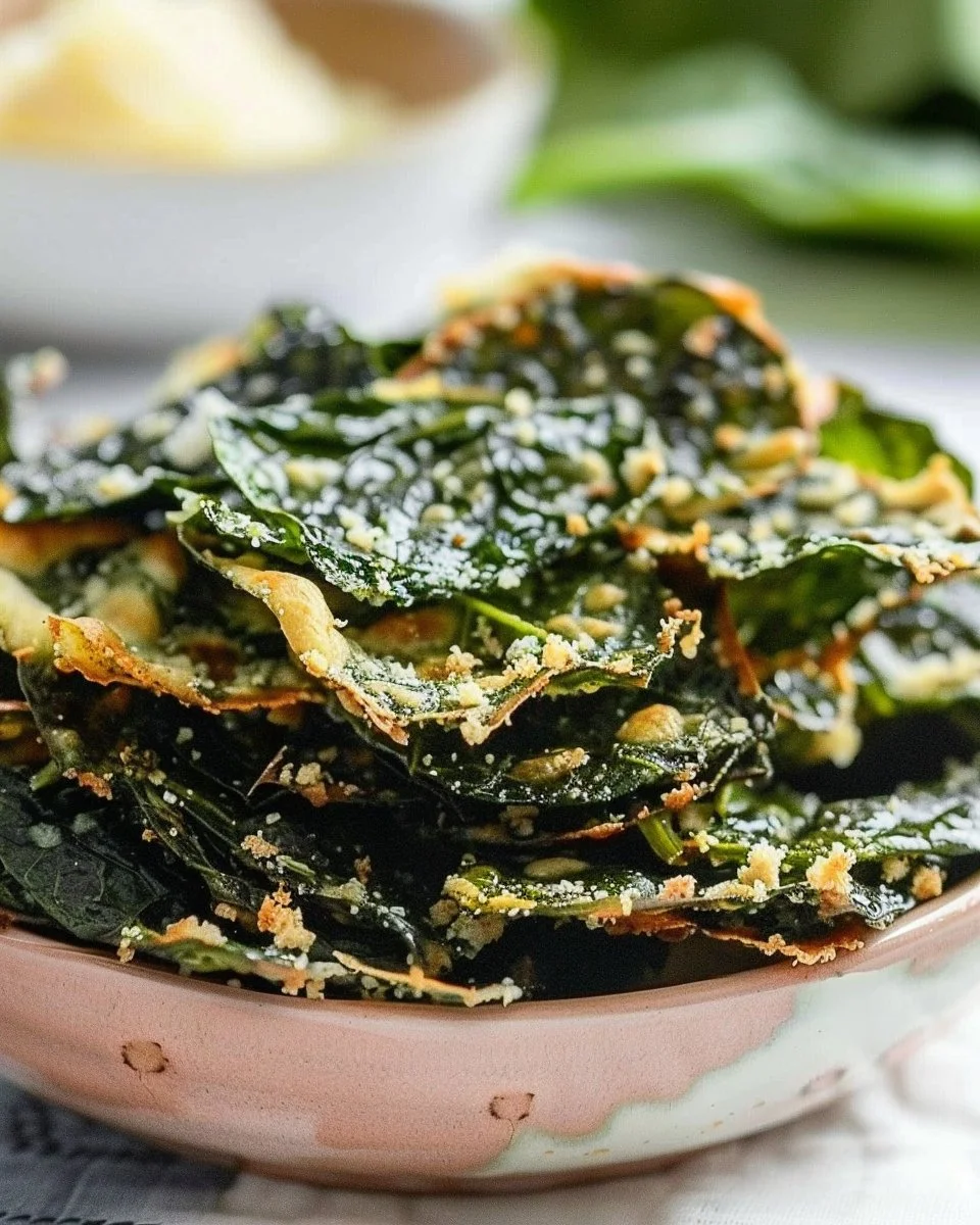 Homemade spinach chips baked with Parmesan cheese for a healthy snack.