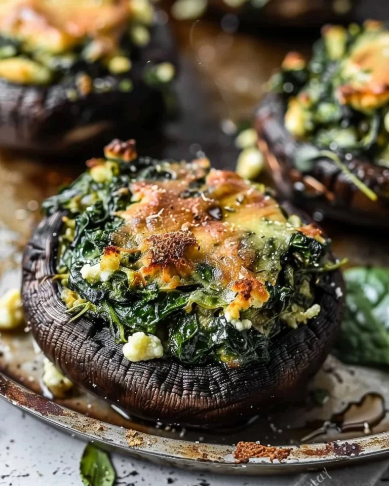Delicious spinach stuffed portobello mushrooms ready to serve.