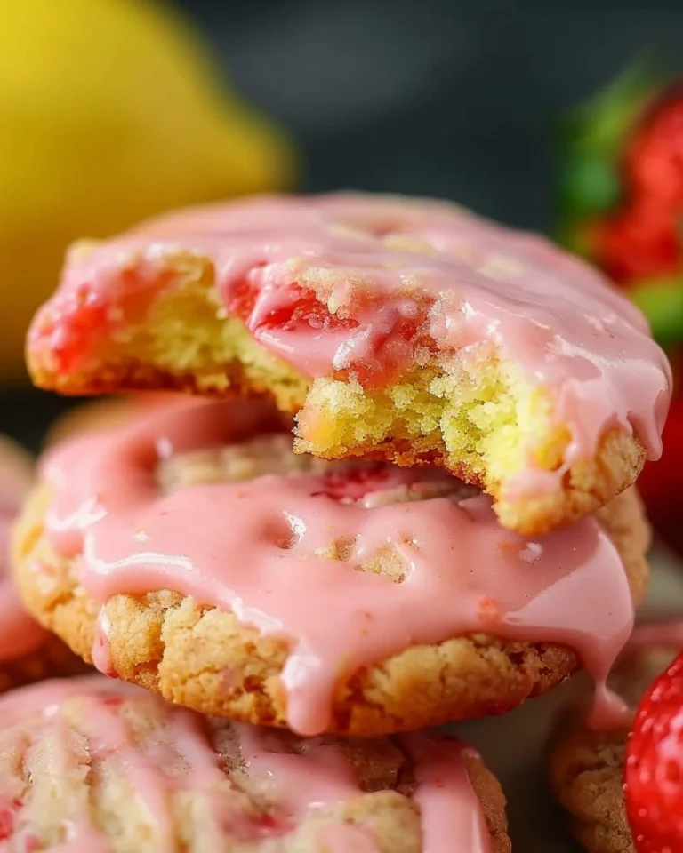 Strawberry cake cookies with strawberry lemon glaze on a white plate