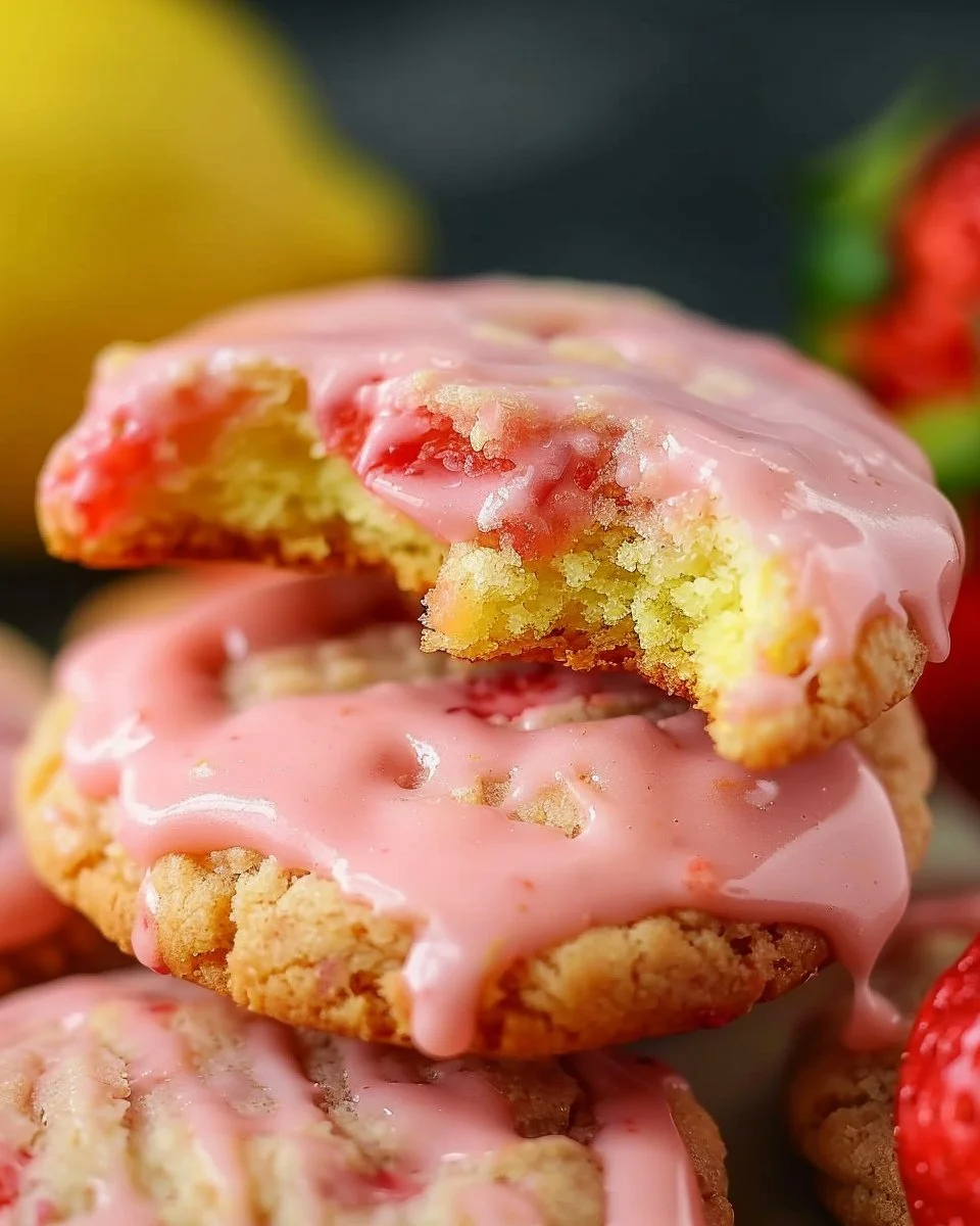 Strawberry cake cookies with strawberry lemon glaze on a white plate