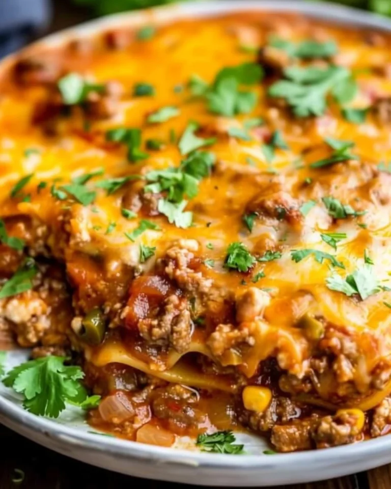 Slow cooker Taco Lasagna layered with tortillas, beans, and cheese.