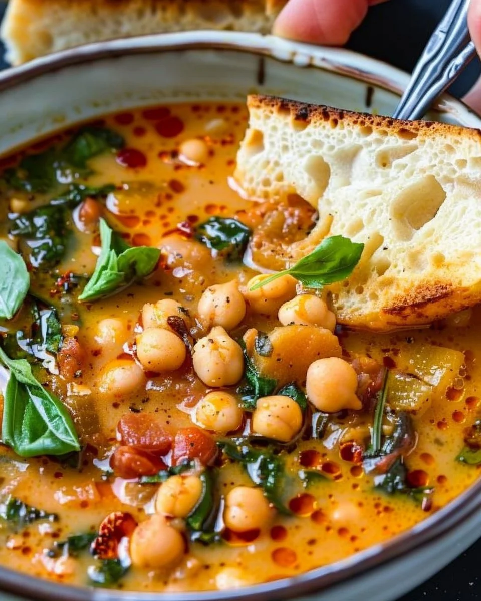 Bowl of Tuscan Chickpea Soup garnished with herbs and served warm