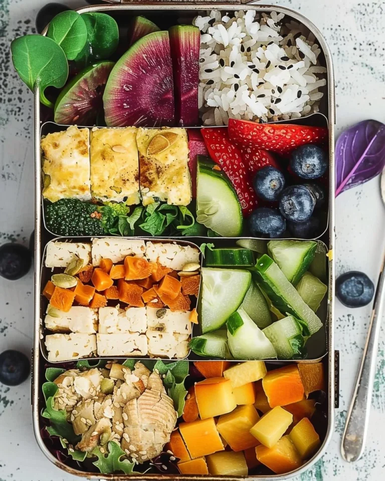 Colorful Vegan Bento Box filled with fresh vegetables, grains, and plant-based protein.