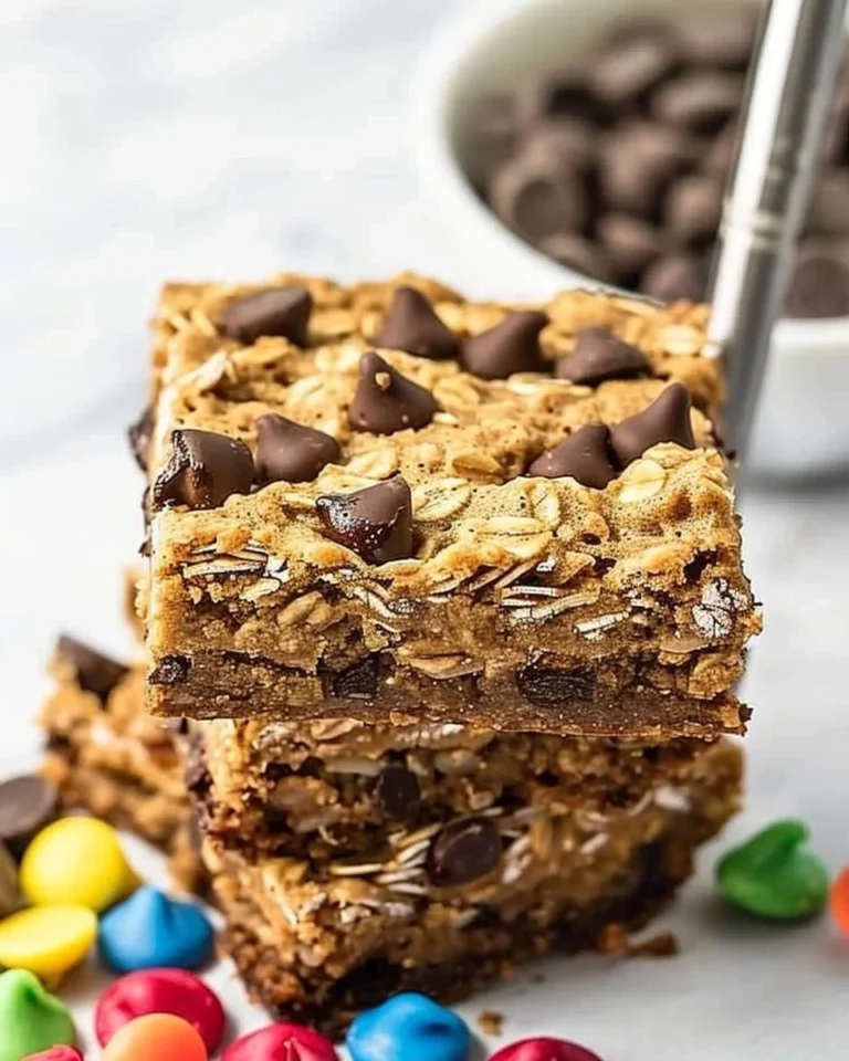 Delicious Chocolate Chip Oatmeal Cookie Bars on a white plate
