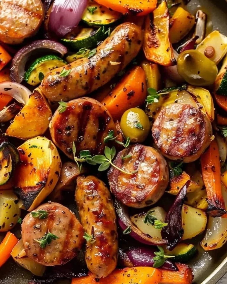 Easy sheet pan sausage with colorful roasted vegetables on a baking tray