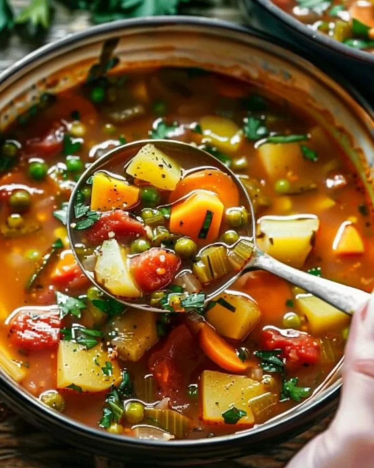 Bowl of easy vegetable soup with colorful vegetables and herbs