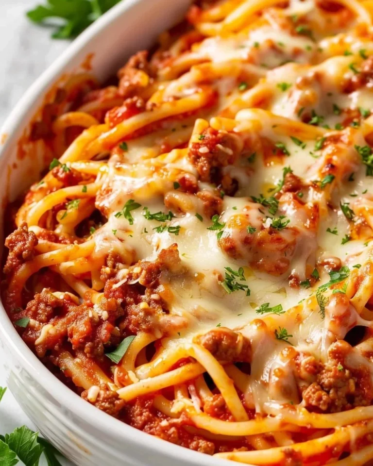 Delicious plate of Million Dollar Spaghetti Recipe with rich sauce and cheeses