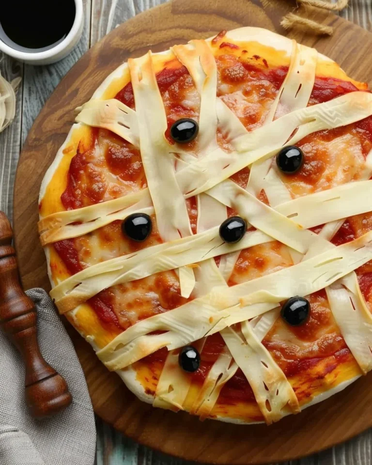 Delicious Mummy Pizza decorated for Halloween fun