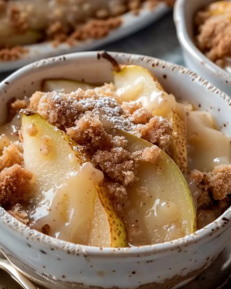 Old Fashioned Pear Crumble dessert with sweet pears and crunchy topping
