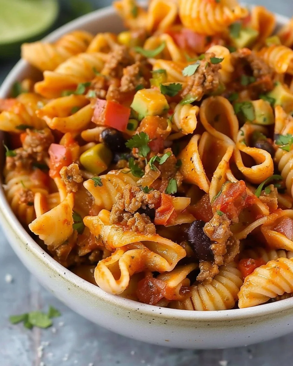 Delicious protein-packed taco pasta served in a colorful bowl