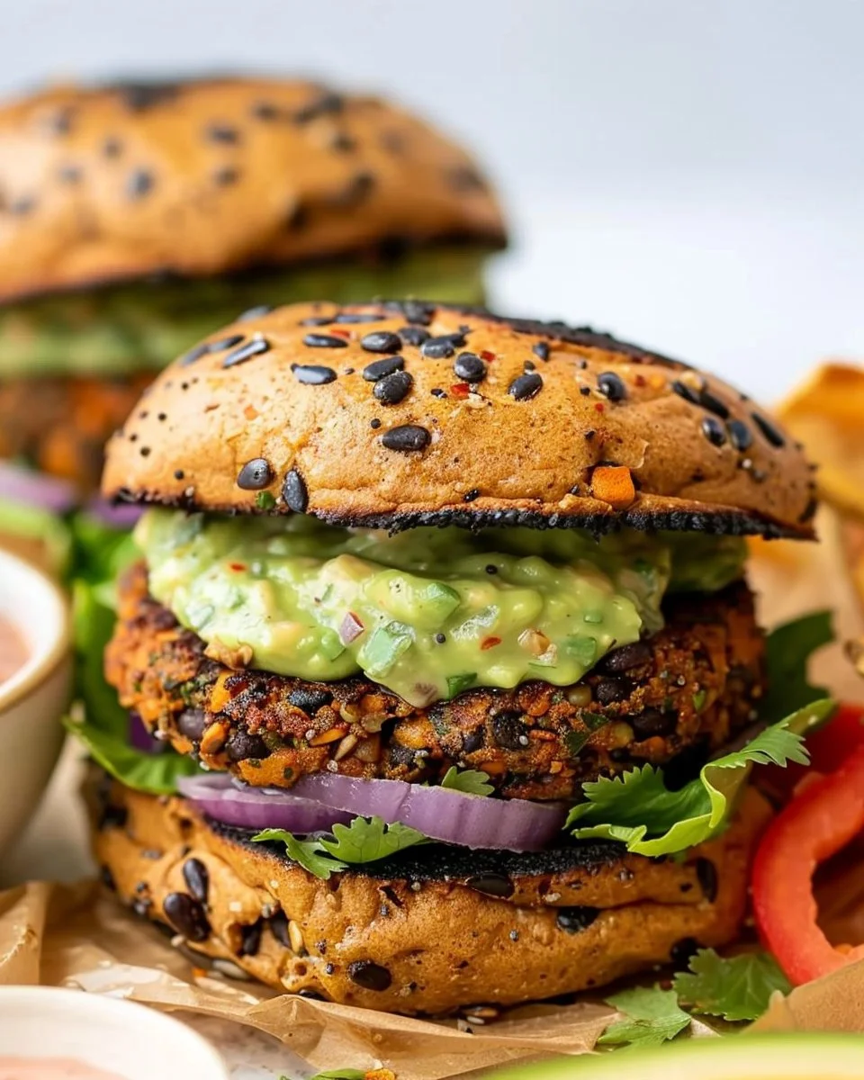 Spicy bean burgers served with cilantro avocado sauce on a plate