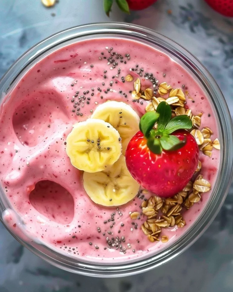 Delicious strawberry banana smoothie bowl topped with fresh fruit and nuts